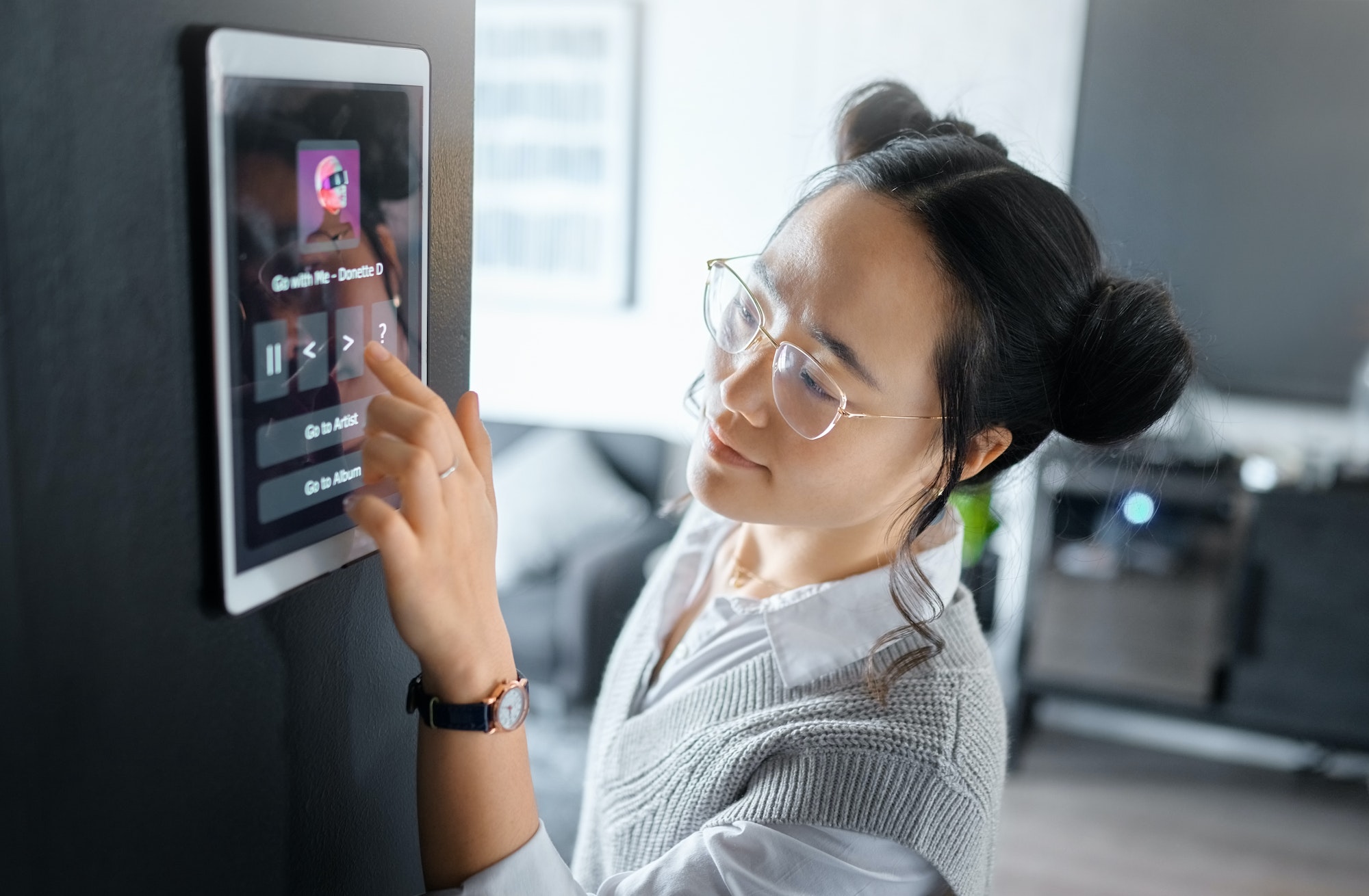 cyber security technology and asian woman with security password in office workspace and building